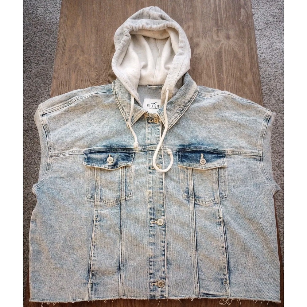 Hollister Short Light Wash Denim Jean‎ Jacket with Hoodie Men's Size Large
